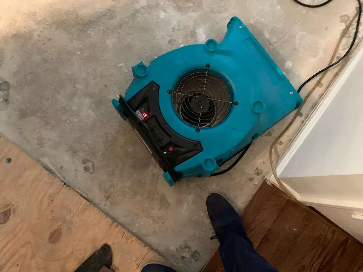 Air mover drying subfloor during Leak Detection & Repair in South Run